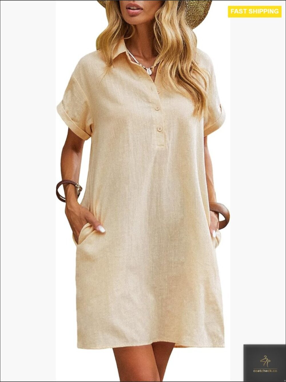 Cotton Shift Dress Short Sleeve Button Down Casual Summer Beach Cover Up with